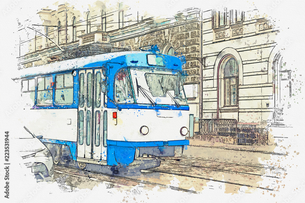 Sketch with watercolor or illustration of a traditional old tram moving down the street in Riga in Latvia.