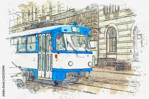 Sketch with watercolor or illustration of a traditional old tram moving down the street in Riga in Latvia. © franz12