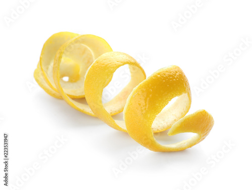 Peel of fresh ripe lemon on white background