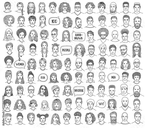 Set of 100 hand drawn faces, diverse portraits of people of different ethnicities in black and white