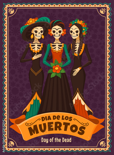 Dia de los Muertos card. Vector illustration of Mexican cartoon Catrinas in different costumes and dresses. Isolated on dark violet background.