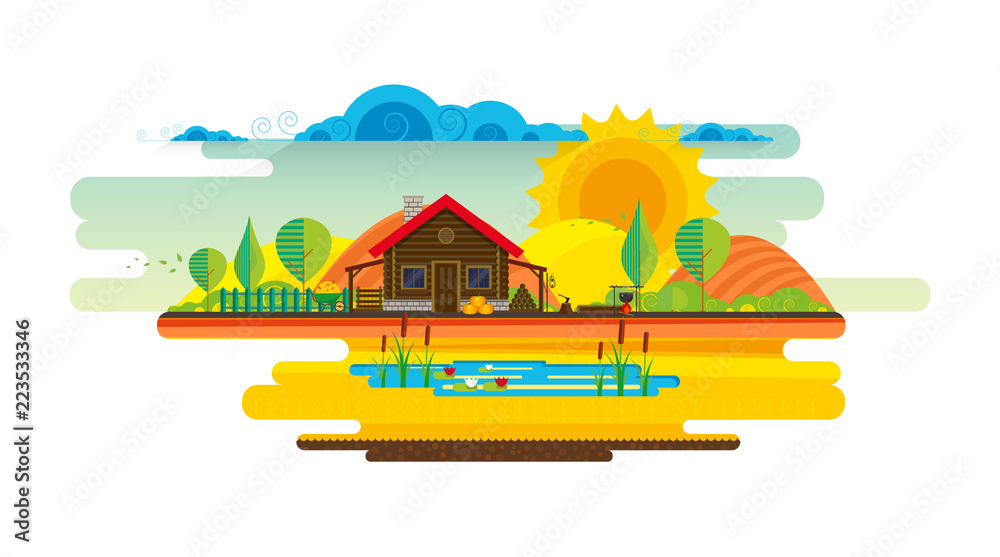 Abstract vector design of woodhouse on a meadow. Summer rural landscape. Abstract vector design of woodhouse on a meadow. Summer rural landscape.