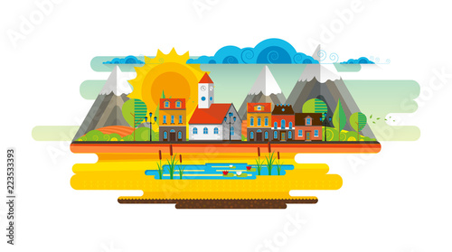 Abstract vector design of town with churcg on a meadow. Summer rural landscape.