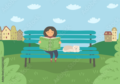 Girl reading book on the bench outdoors. Education, reading vector illustration.