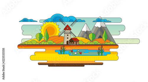 Abstract Vector farm landscape with house and windmill.
