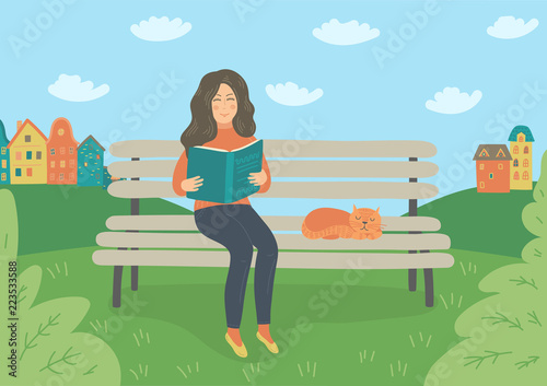 Woman reads book on the bench outdoors. Education, reading vector illustration.