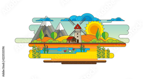 Abstract Vector farm landscape with house and windmill.