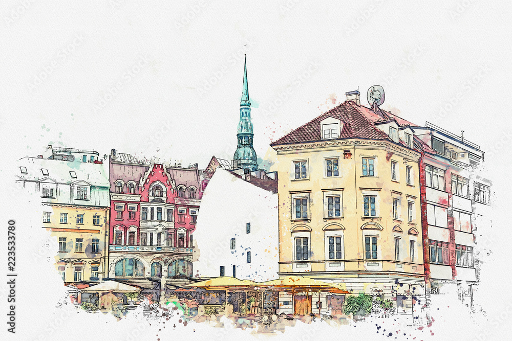 A watercolor sketch or an illustration of a beautiful view of the architecture of Riga in Latvia in the center of the city.