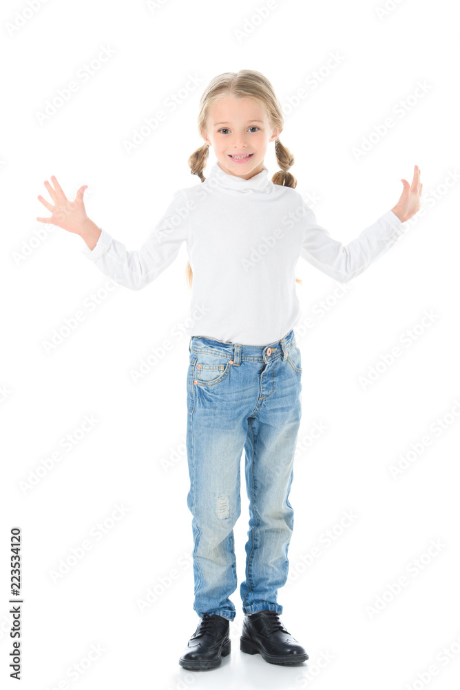 happy kid with braids gesturing and posing isolated on white happy kid with braids gesturing and posing isolated on white