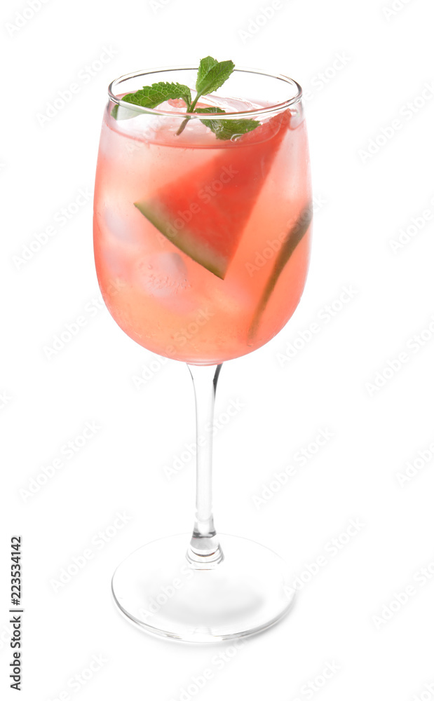 Glass of tasty cold watermelon lemonade on white background Glass of tasty cold watermelon lemonade on white background