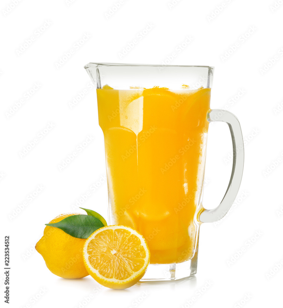 Jug of fresh lemon juice on white background Jug of fresh lemon juice on white background