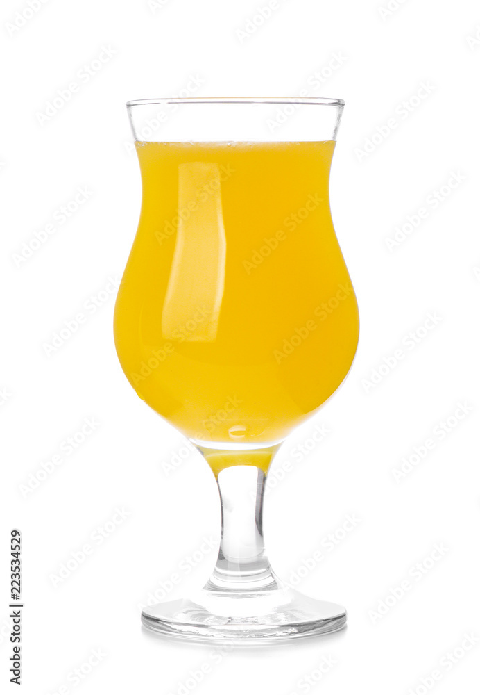 Glass of fresh lemon juice on white background