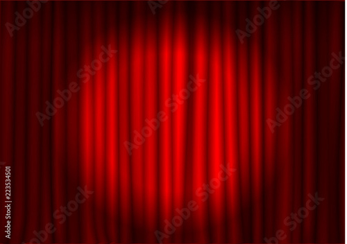 Red curtain with spotlight in theater. Velvet fabric cinema curtain vector. Spotlight on closed curt