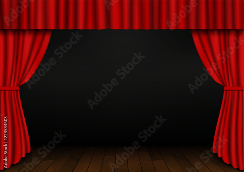 Red open curtain with wood floor in theater. Velvet fabric cinema curtain vector. Opened curtains de