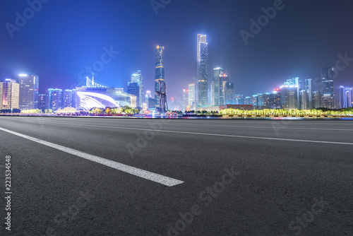 Road pavement and Guangzhou city buildings skyline