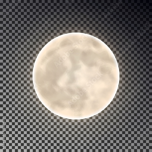 Full white moon isolated. Dark night sky background. Closeup moon light transparent effect. Glow moo