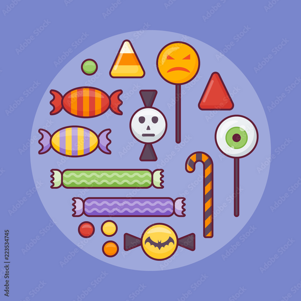 Naklejka premium Set of colorful candies flat line icon. Halloween elements.