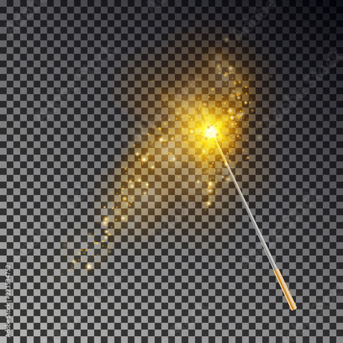 Magic wand vector. Transparent miracle stick with glow yellow light tail isolated on dark background