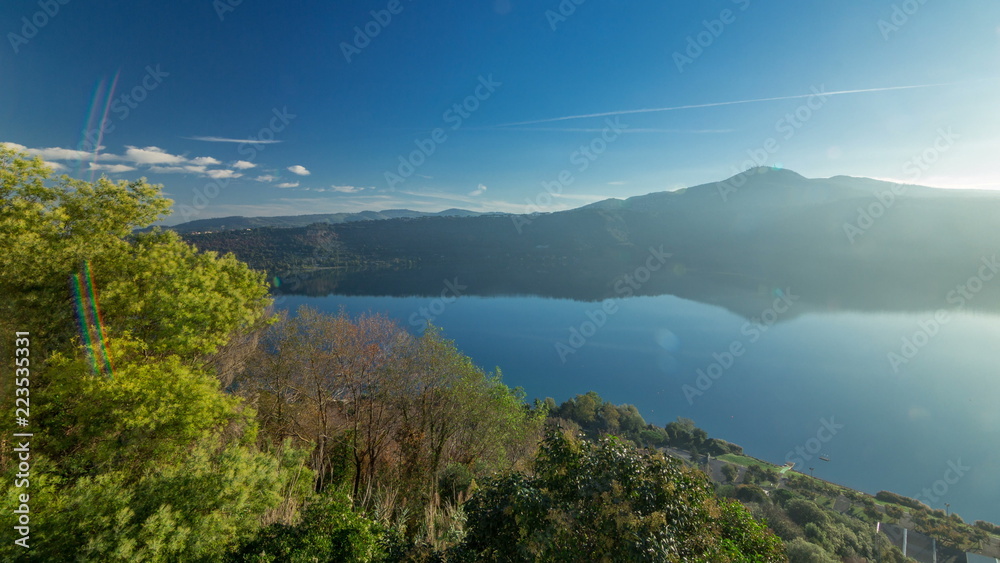 Panoramic view of Albano Lake coast at sunrise timelapse, Rome Province, Latium, central Italy Panoramic view of Albano Lake coast at sunrise timelapse, Rome Province, Latium, central Italy