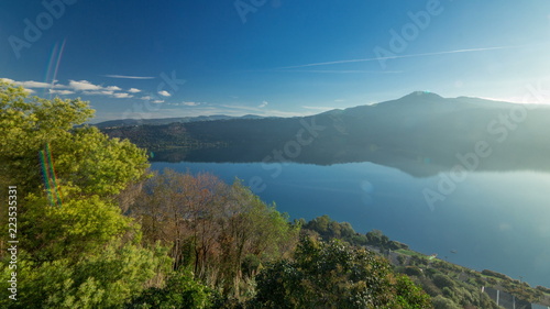 Panoramic view of Albano Lake coast at sunrise timelapse, Rome Province, Latium, central Italy