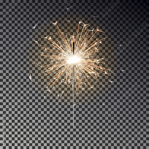 Bengal fire. New year sparkler candle isolated on transparent background. Realistic vector light eff