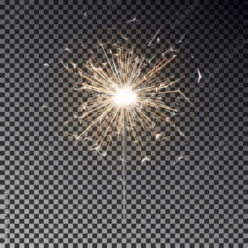 Bengal fire. New year sparkler candle isolated on transparent background. Realistic vector light eff