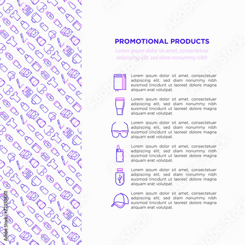 Promotional products concept with thin line icons: notebook, tote bag, sunglasses, t-shirt, water bottle, pen, backpack, cup, hat, travel mug, usb, lighter. Vector illustration, print media template.