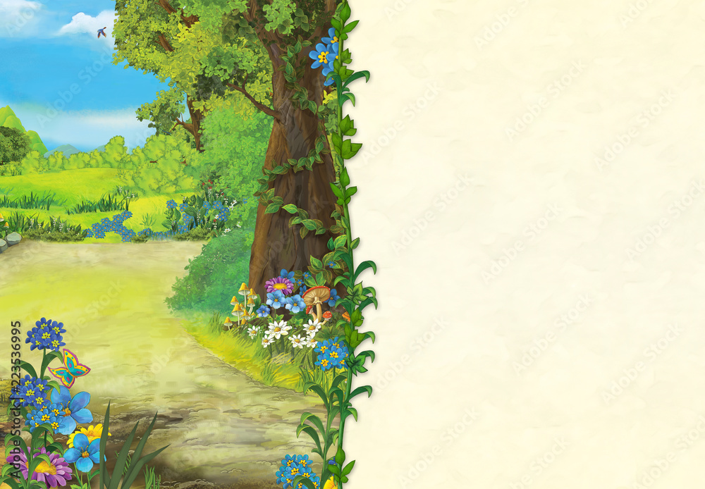 cartoon scene with beautiful wild forest - with space for text - illustration for children