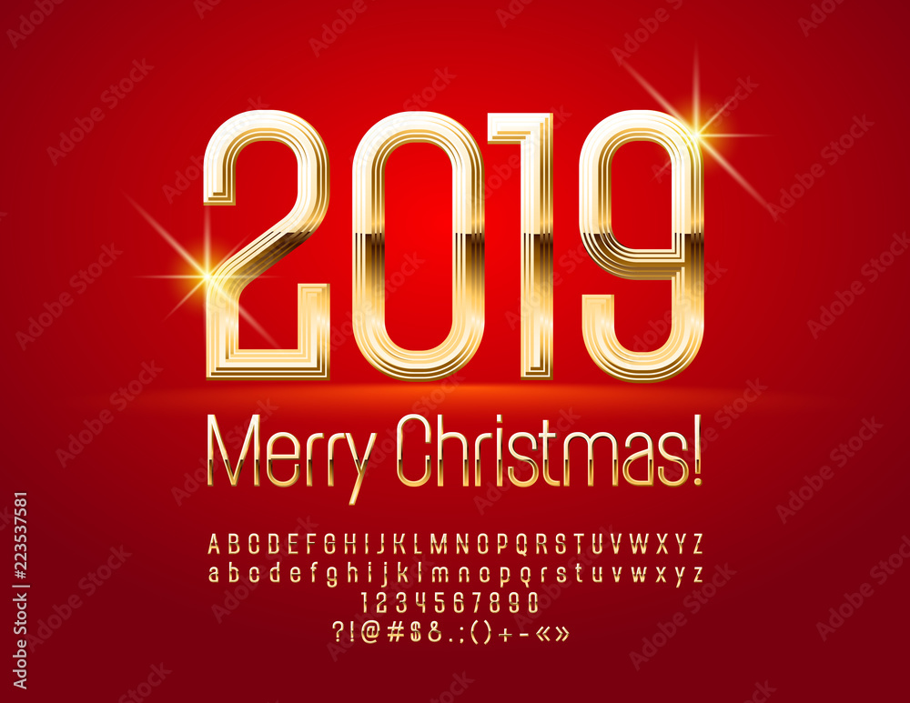 Vector chic Greeting Card Merry Christmas 2019. Luxury Golden Font. Elegant Alphabet Letters, Numbers and Symbols. Vector chic Greeting Card Merry Christmas 2019. Luxury Golden Font. Elegant Alphabet Letters, Numbers and Symbols.