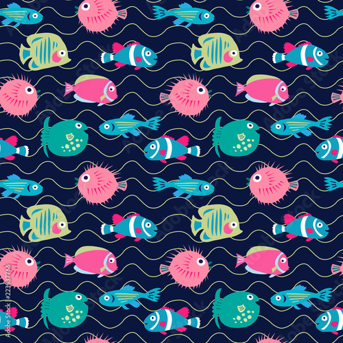 Seamless background with coral fishes on a dark background