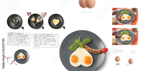 Page of recipe collection sexy bites with step-by-step pictures. Fried eggs with sausages  tomatoes and spinach. Intimate breakfast for lovers. Lovely eggs.