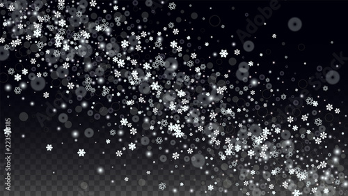 Christmas Vector Background with White Falling Snowflakes Isolated on Transparent Background. Realistic Snow Sparkle Pattern. Snowfall Overlay Print. Winter Sky. Design for Party Invitation.