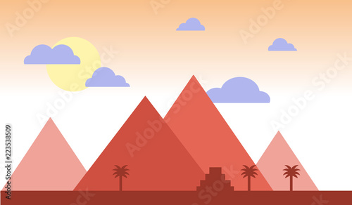 Egypt pyramids with palms in desert flat design. Travel concept famous Sunset Vector Illustration. Africa