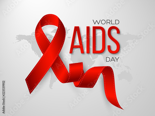 World Aids day concept. Realistic awareness red ribbon on grey map background. Vector illustration