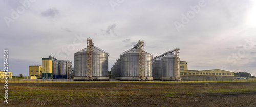 Panorama of the grain processing Plant. Large agricultural complex.