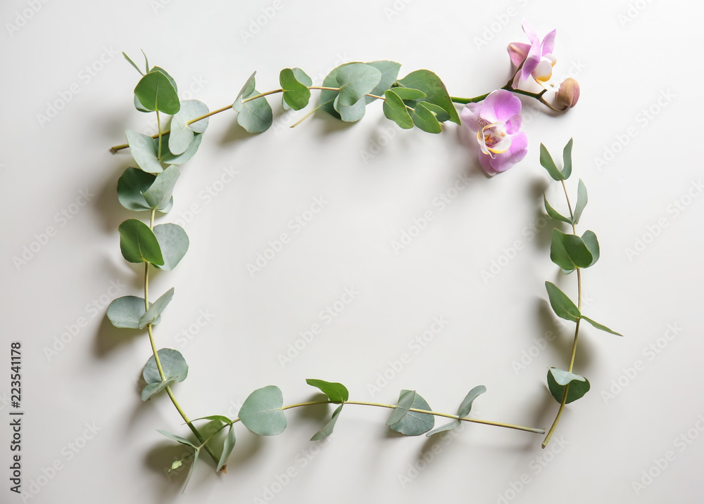 Naklejka premium Frame made of eucalyptus branches and flowers on white background