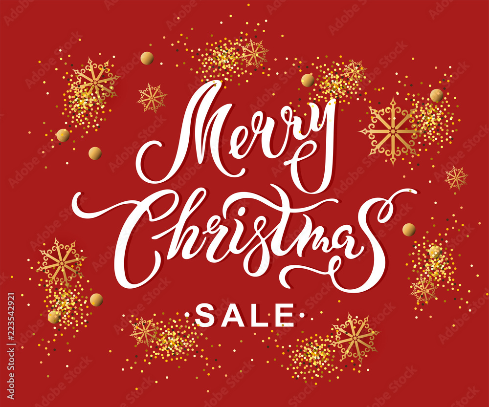 Merry Christmas Sale banner on red background. Merry Christmas handwritten lettering for Happy holidays greeting card, postcard motive, badge, web, invitation, poster.