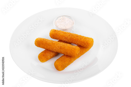 Hot appetizer Cheese sticks in crispy golden breaded, fried in oil, mayonnaise sauce, tar-tar, before alcohol food on plate, white isolated background Side view. For the menu, restaurant, bar, cafe