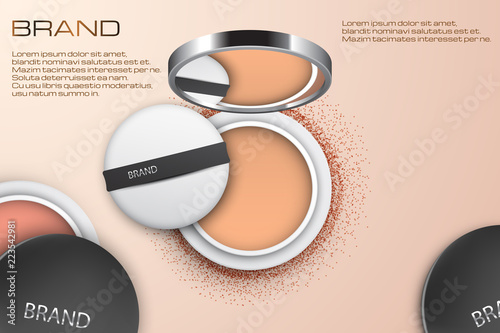 Realistic cosmetics powder package, advertising banner design, vector illustration