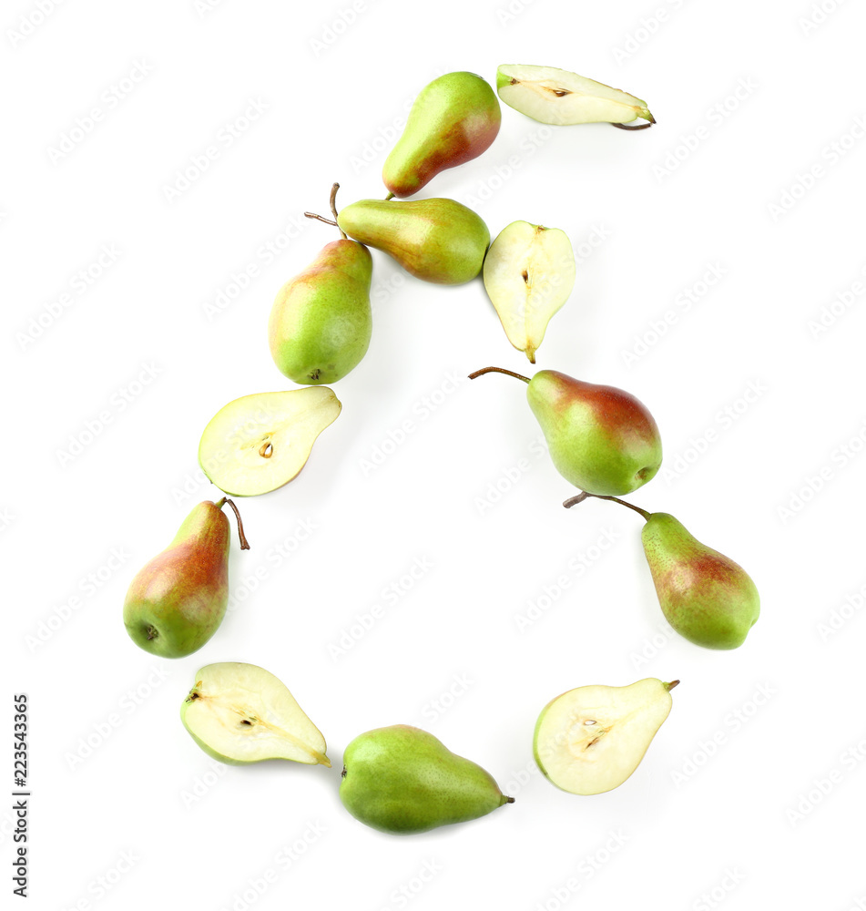 Composition with ripe pears on white background