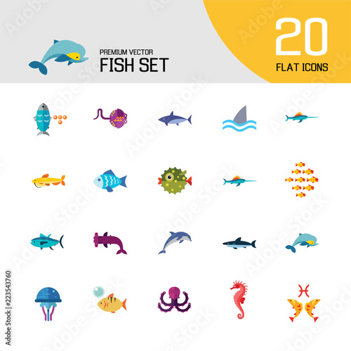 Fish icons set with dolphin, shark and seahorse. Thirteen vector icons