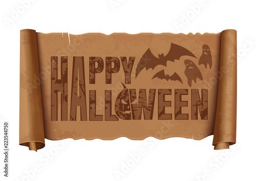 Halloween banner design. Halloween lettering on an old worn vintage scroll. Vector illustration