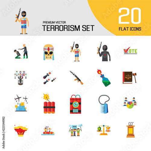 Terrorism Icon Set. Kamikaze Fire Cocktail Dynamite Army Tags Hostage Bomb With Timer Machine Gun Missiles Explosion Refugees Terrorist Shooting Target War