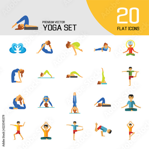Yoga Icon Set. Meditation Rajakapotasana Sarvangasana Halasana Ustrasana Astavakasana Bakasana Handstand Virabhadrasana Svanasana Prasarita