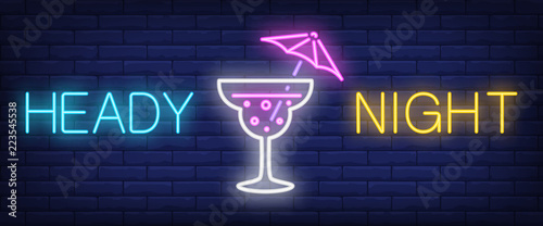 Heady night neon sign. Umbrella drink on brick wall background. Vector illustration in neon style for announcement, bar, club