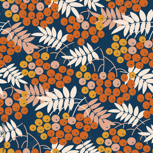 Blue and gold bright rowanberry seamless pattern