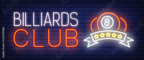 Billiards club neon text with ball and stars on ribbon. Entertainment and advertisement design. Night bright neon sign, colorful billboard, light banner. Vector illustration in neon style.