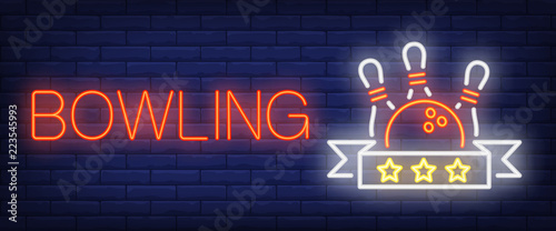 Bowling neon text with ball and skittles. Bowling club and advertisement design. Night bright neon sign, colorful billboard, light banner. Vector illustration in neon style.