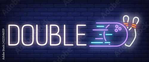 Double neon text with bowling strike. Bowling club and advertisement design. Night bright neon sign, colorful billboard, light banner. Vector illustration in neon style.