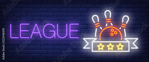 League neon text with ball and skittles. Bowling club and advertisement design. Night bright neon sign, colorful billboard, light banner. Vector illustration in neon style.